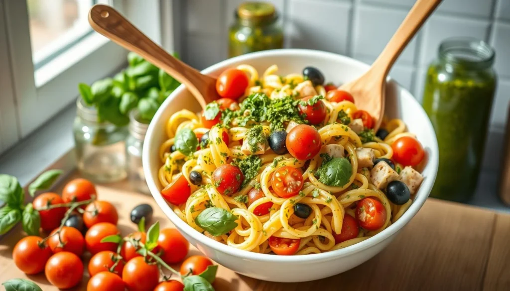 A bright kitchen scene showcasing a large mixing bowl of vibrant pasta salad, topped with green pesto. Fresh cherry tomatoes, sliced olives, and basil leaves surround the bowl. A wooden spoon leans against the bowl, and a jar of pesto sits in the background. Natural light pours in from a nearby window, illuminating the fresh ingredients.