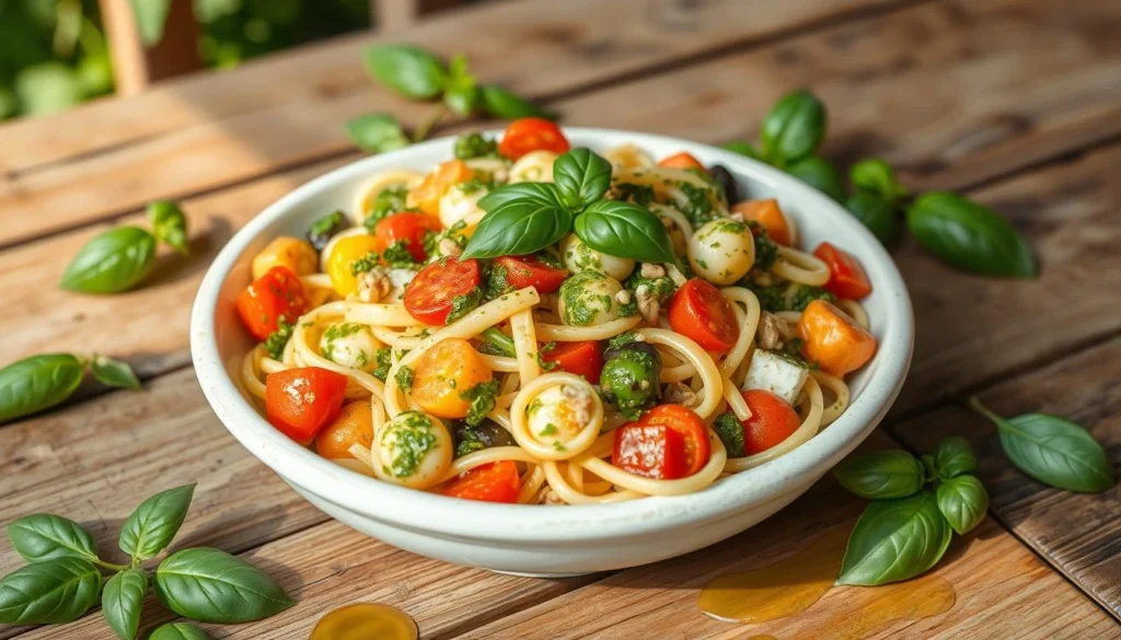  A vibrant bowl of pasta salad with colorful vegetables and fresh pesto, elegantly placed on a rustic wooden table. Fresh basil leaves and a drizzle of olive oil surround the dish, with a light, airy outdoor setting in the background.